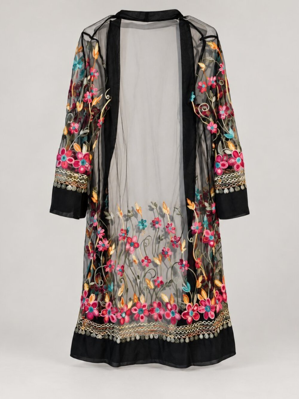 Black Sheer Floral Embroidered Long Kimono Duster